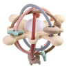 A silicone sensory rattle ball with various colored rings and components for baby development.