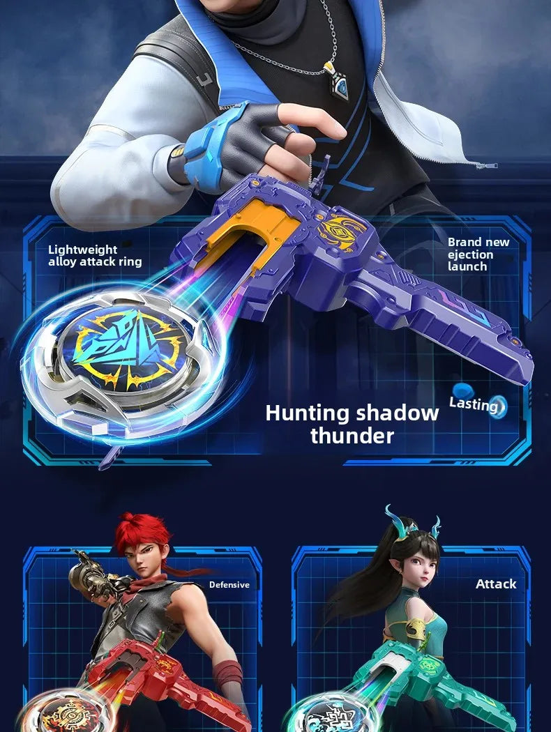 A purple and yellow light weapon is shown being held by a person, with other related weapons displayed below.