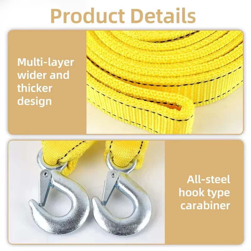 Yellow multi-layer wide and thicker design tow strap with all-steel hook type carabiners