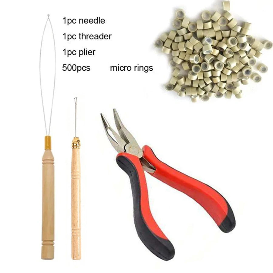 Hair extension installation kit including a needle, threader, pliers, and 500 micro rings