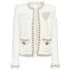 White faux fur blazer with beaded rhinestone patches on the lapels and pockets