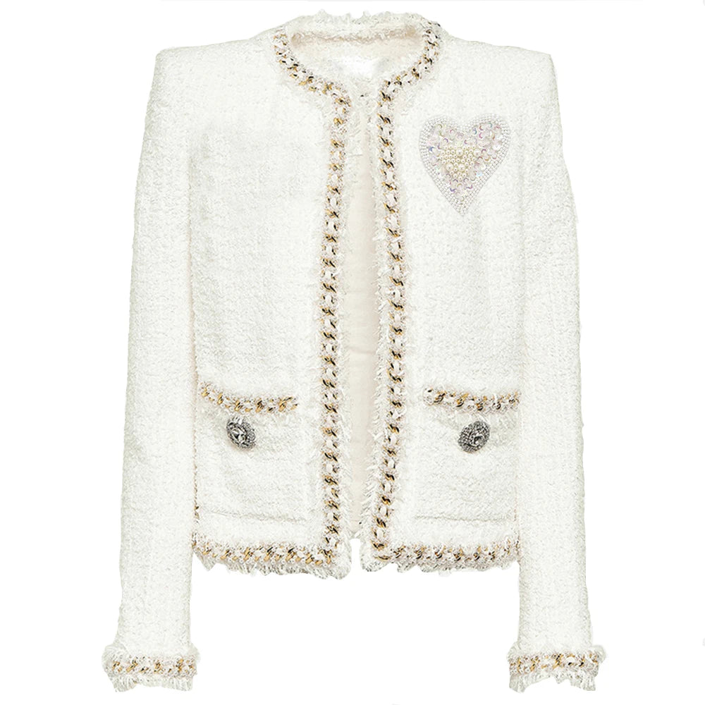 White faux fur blazer with beaded rhinestone patches on the lapels and pockets