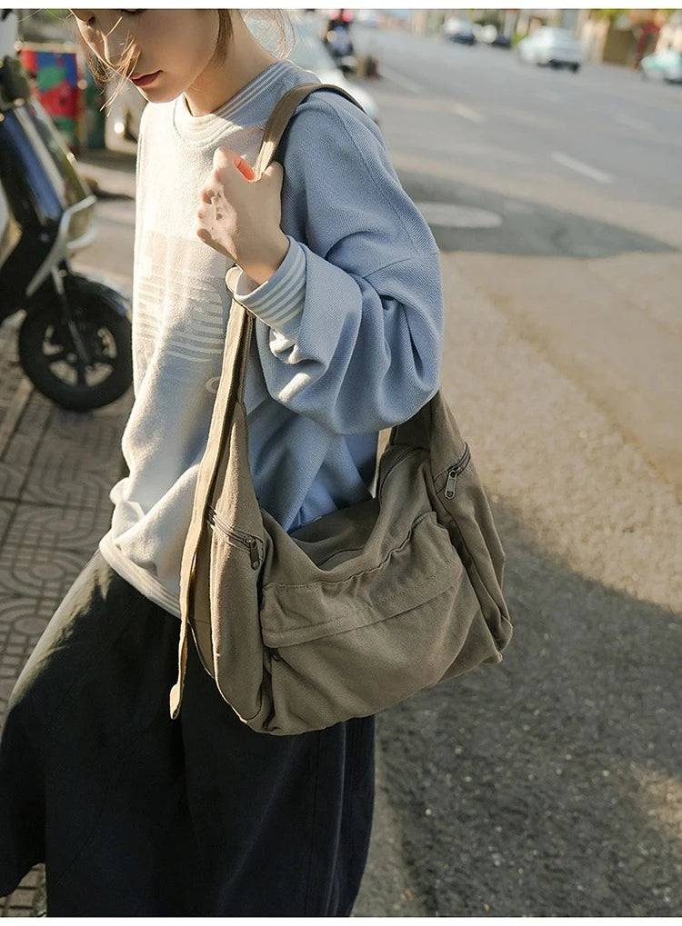 Cotton Canvas Crossbody Bag with Large Capacity