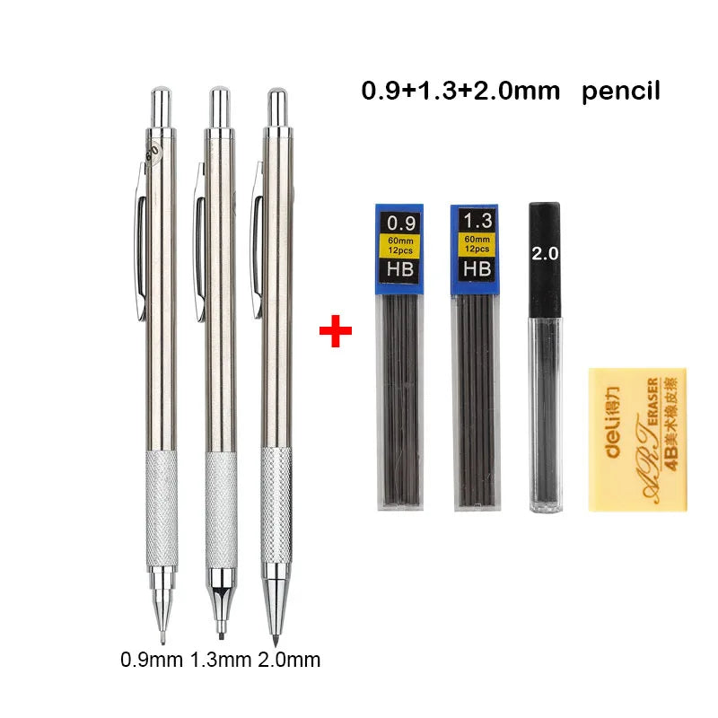 A set of full metal mechanical pencils in 0.9, 1.3, and 2.0 mm sizes with accompanying erasers.