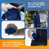A hand is pouring liquid into a dark blue breathable mesh crossbody water bottle carrier.