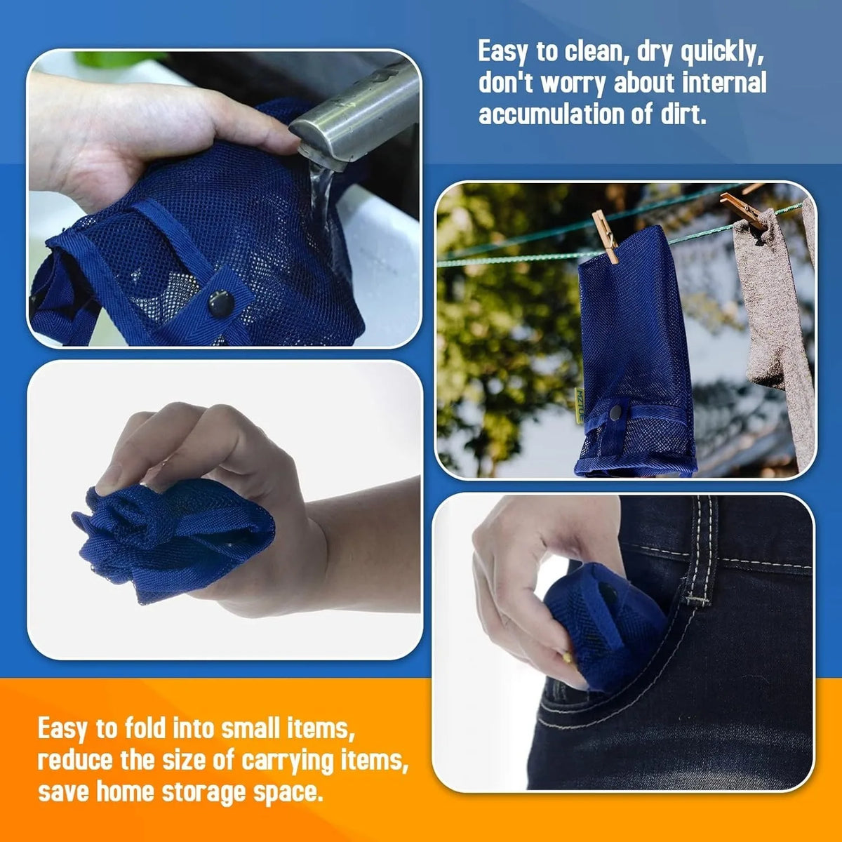 A hand is pouring liquid into a dark blue breathable mesh crossbody water bottle carrier.
