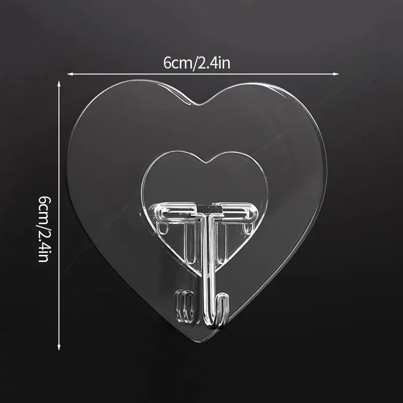 Heart-Shaped Self-Adhesive Hooks (Set of 6) – No-Drill, Multi-Purpose Transparent Hangers