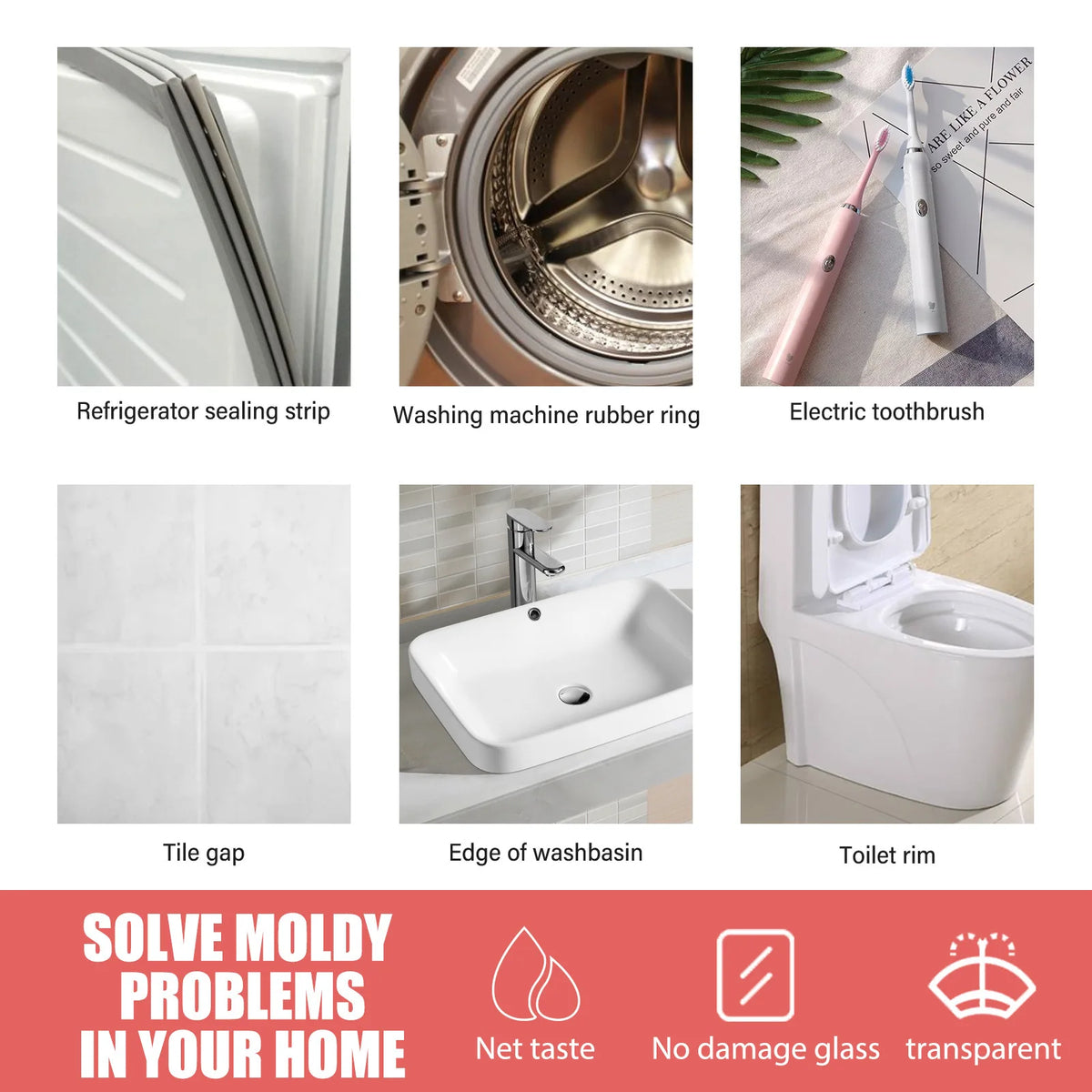 A collection of household cleaning tools including a refrigerator sealing strip, washing machine rubber ring, electric toothb
