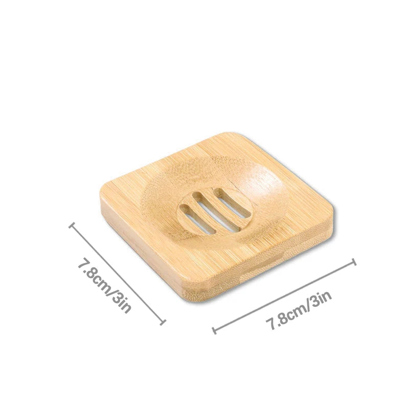 A light wood bamboo soap dish with three drainage holes, measuring 7.8cm by 7.8cm.