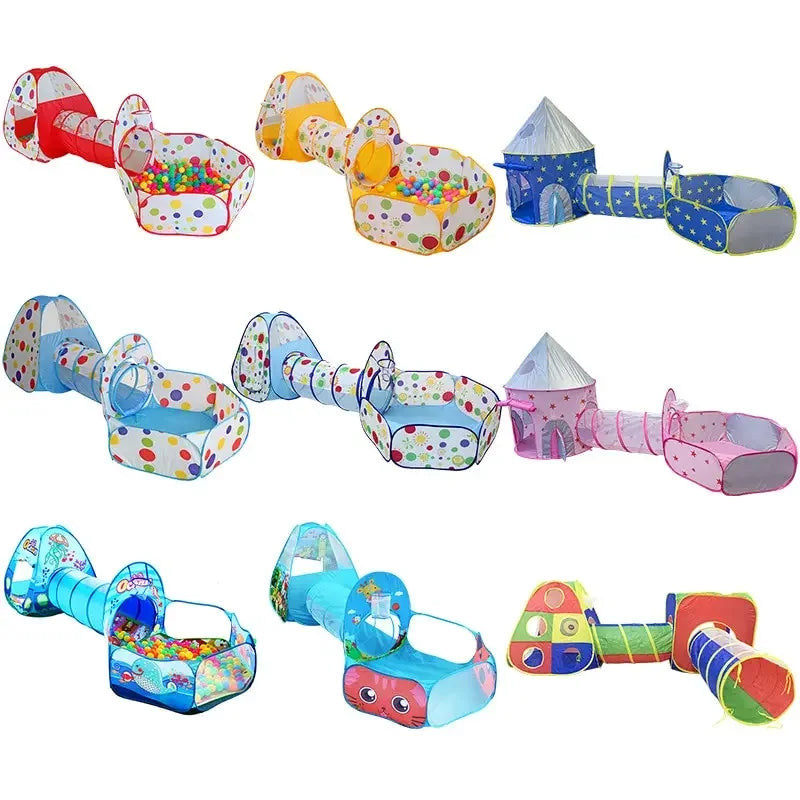 A set of three foldable kids play tents including a main tent, a tunnel, and a ball pit in various colors.