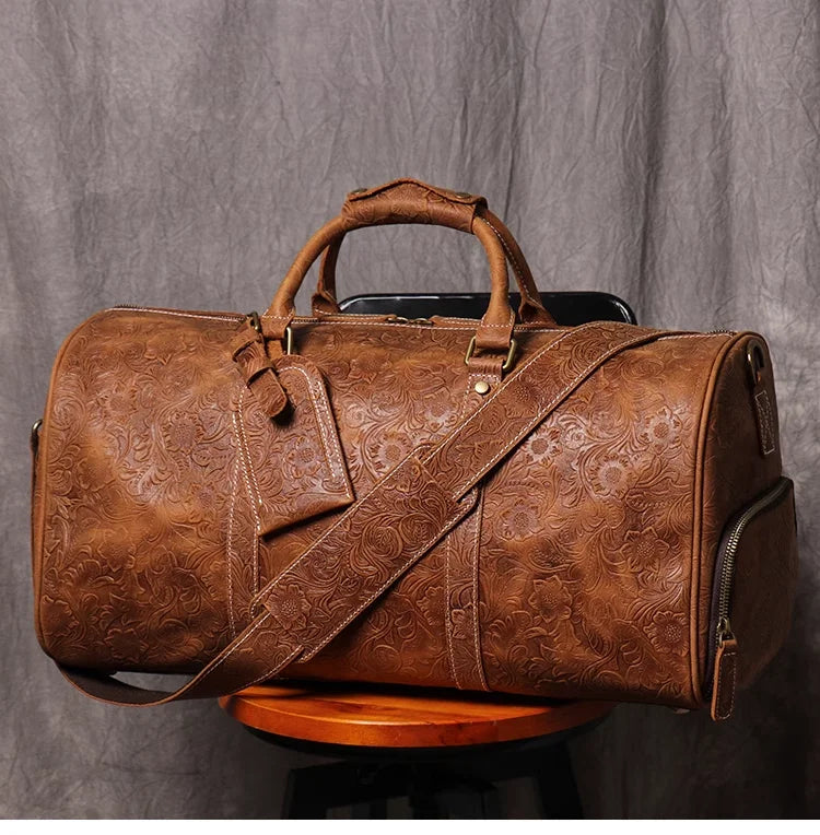 Vintage Embossed Leather Travel Duffle Bag