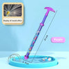 Purple fireworks water blaster toy with a multi-hole spray nozzle being used in a shallow pool.