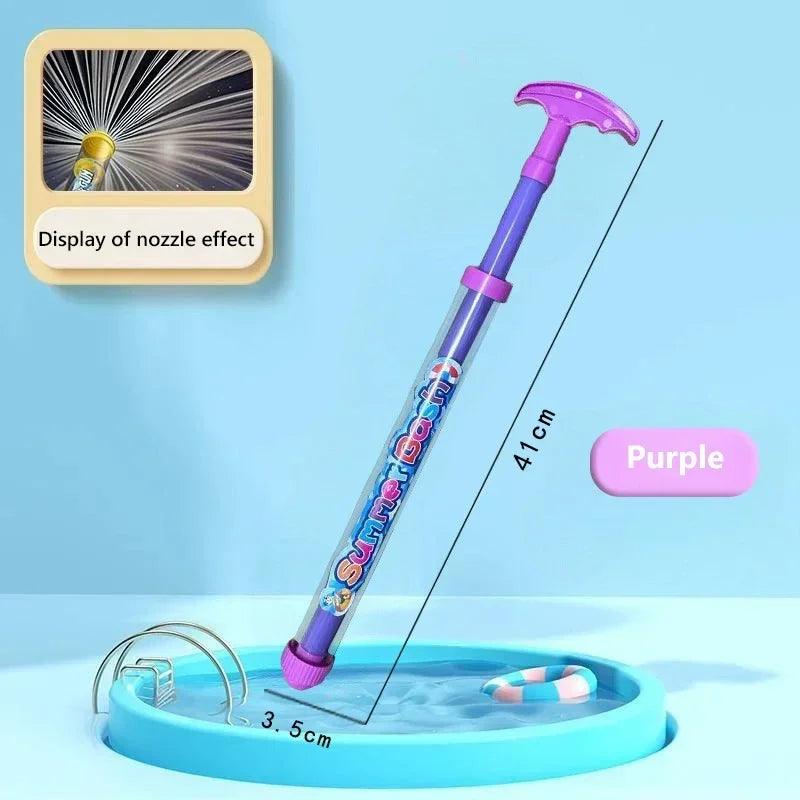 Purple fireworks water blaster toy with a multi-hole spray nozzle being used in a shallow pool.