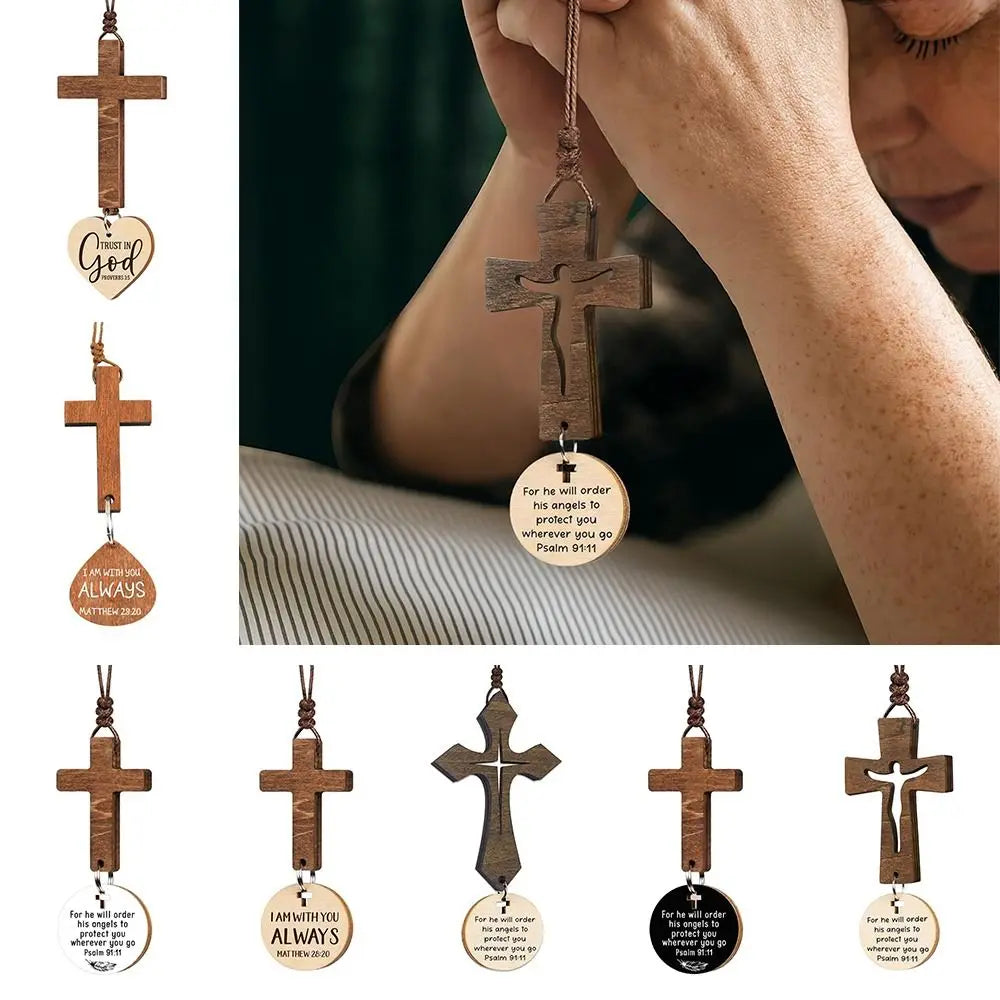 Wood Cross Car Rearview Mirror Pendant with Bible Verse