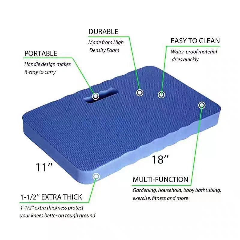 Blue high-density foam kneeling pad with a handle, designed for portability and easy cleaning.