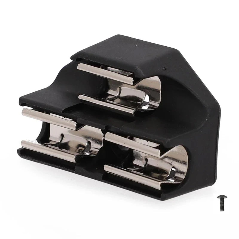 Black belt clip hook bit holder for cordless drills with multiple metal hooks.