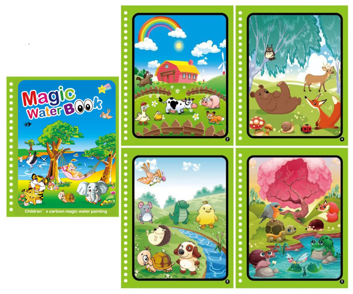 A set of colorful magic water drawing books featuring scenes like rainbows, farm animals, and nature landscapes for children.