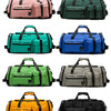 A collection of nine large tactical nylon backpacks in various colors including pink, green, blue, and yellow.