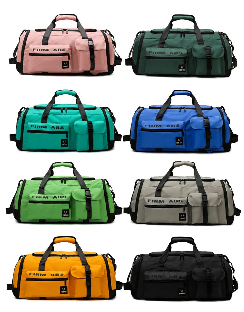 A collection of nine large tactical nylon backpacks in various colors including pink, green, blue, and yellow.
