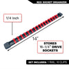 Red socket organizer rail with a 1/4 inch handle and 16 clips for storing drive sockets