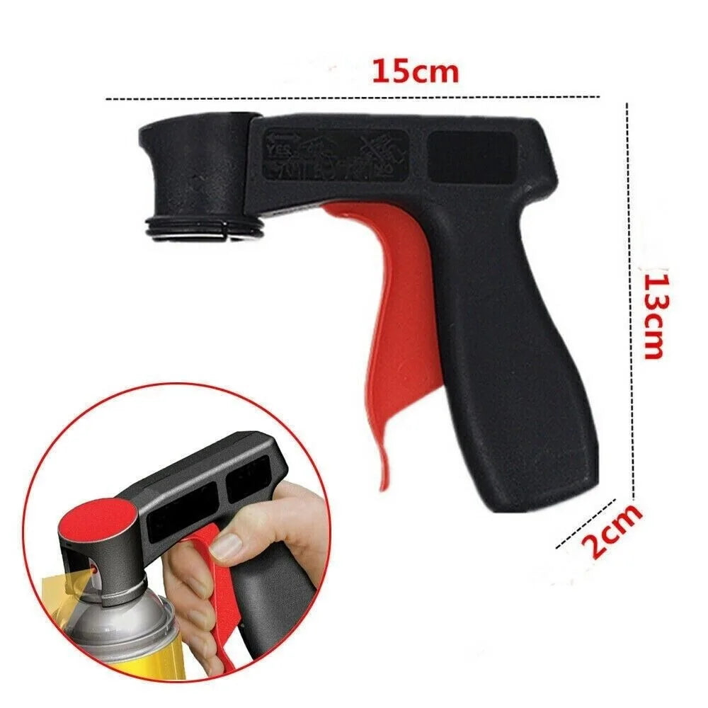 Black and red ergonomic spray paint gun handle with a red grip section shown in various angles.