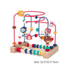 A wooden bead maze toy with red and yellow components used for toddlers.