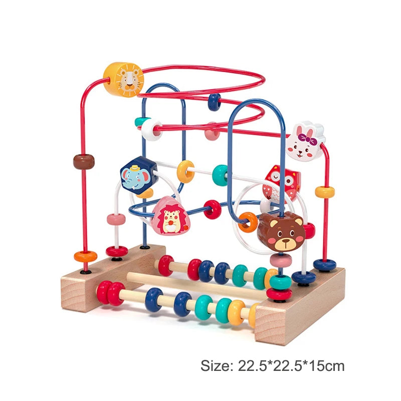 A wooden bead maze toy with red and yellow components used for toddlers.
