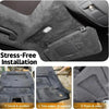 Close-up of a suede car headliner fabric with foam backing showing stress-free installation steps.