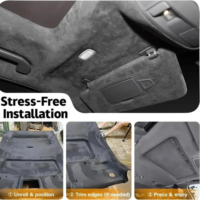 Close-up of a suede car headliner fabric with foam backing showing stress-free installation steps.