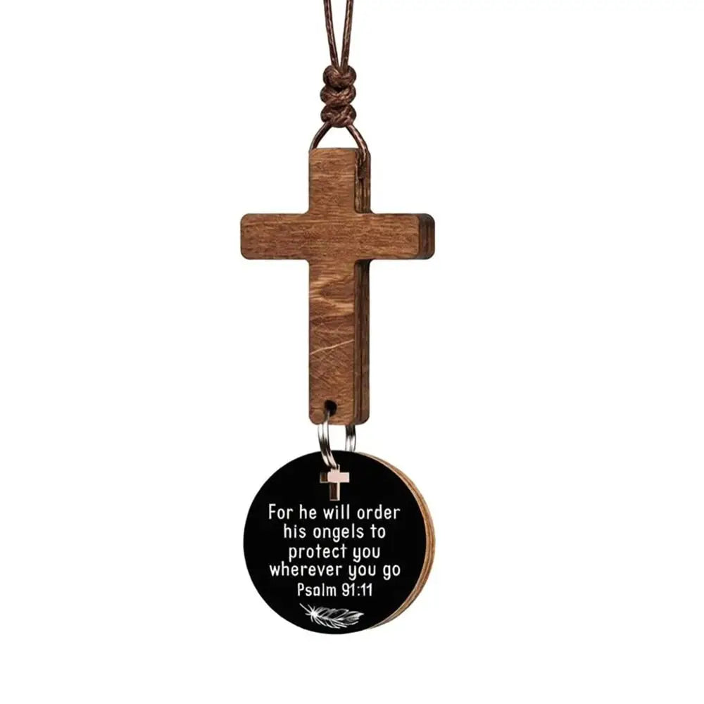 Wood Cross Car Rearview Mirror Pendant with Bible Verse