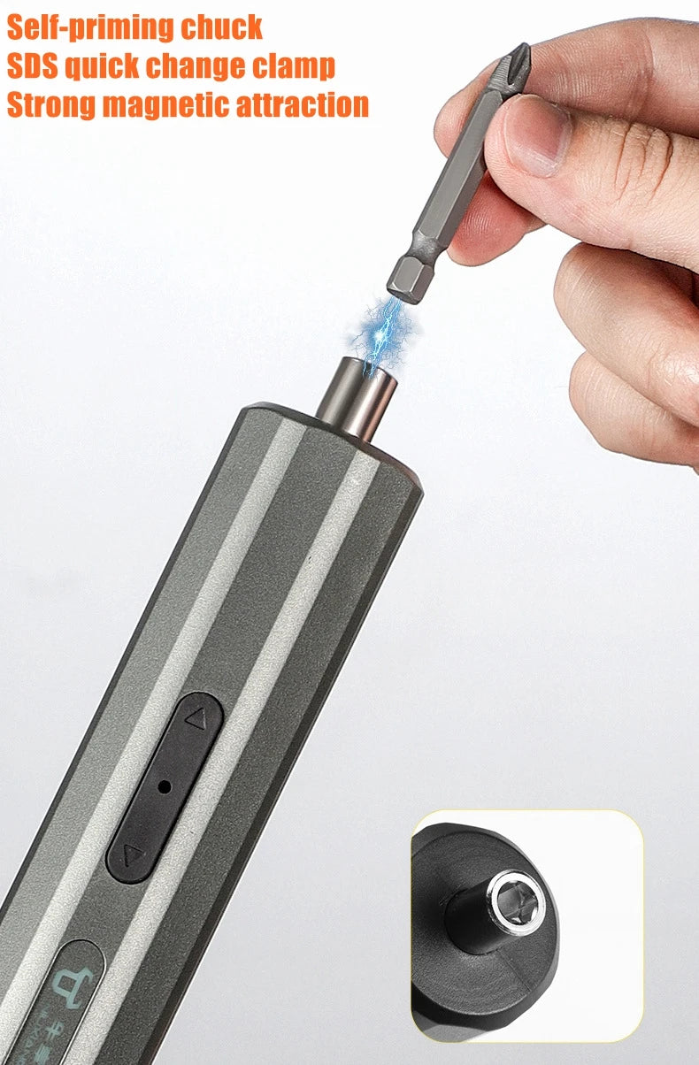 A hand is using a self-priming chuck SDS quick change clamp on an electric screwdriver to attach a drill bit.