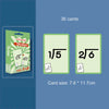 A set of 36 green math flash cards showing division problems like 1 over 5 and 2 over 6.