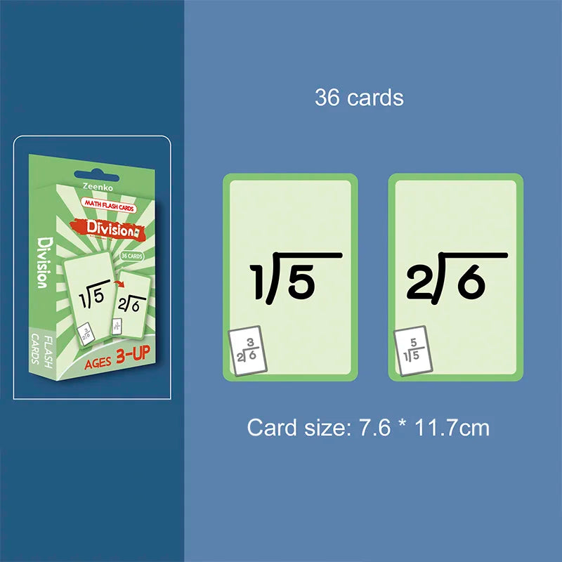 A set of 36 green math flash cards showing division problems like 1 over 5 and 2 over 6.