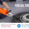 A person uses an orange handheld air blaster to seat a tire bead on a tire, demonstrating the 8L portable tire bead seater.