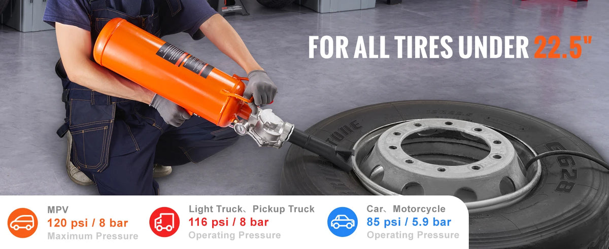 A person uses an orange handheld air blaster to seat a tire bead on a tire, demonstrating the 8L portable tire bead seater.