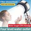 A woman is using a high-pressure filtered showerhead for water oxygen spa massage.
