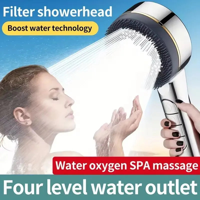 A woman is using a high-pressure filtered showerhead for water oxygen spa massage.