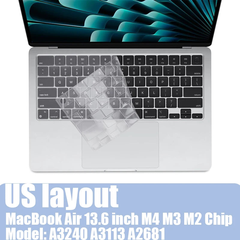US layout of a MacBook Air 13.6 inch M4 M3 M2 Chip with a silicone keyboard cover.