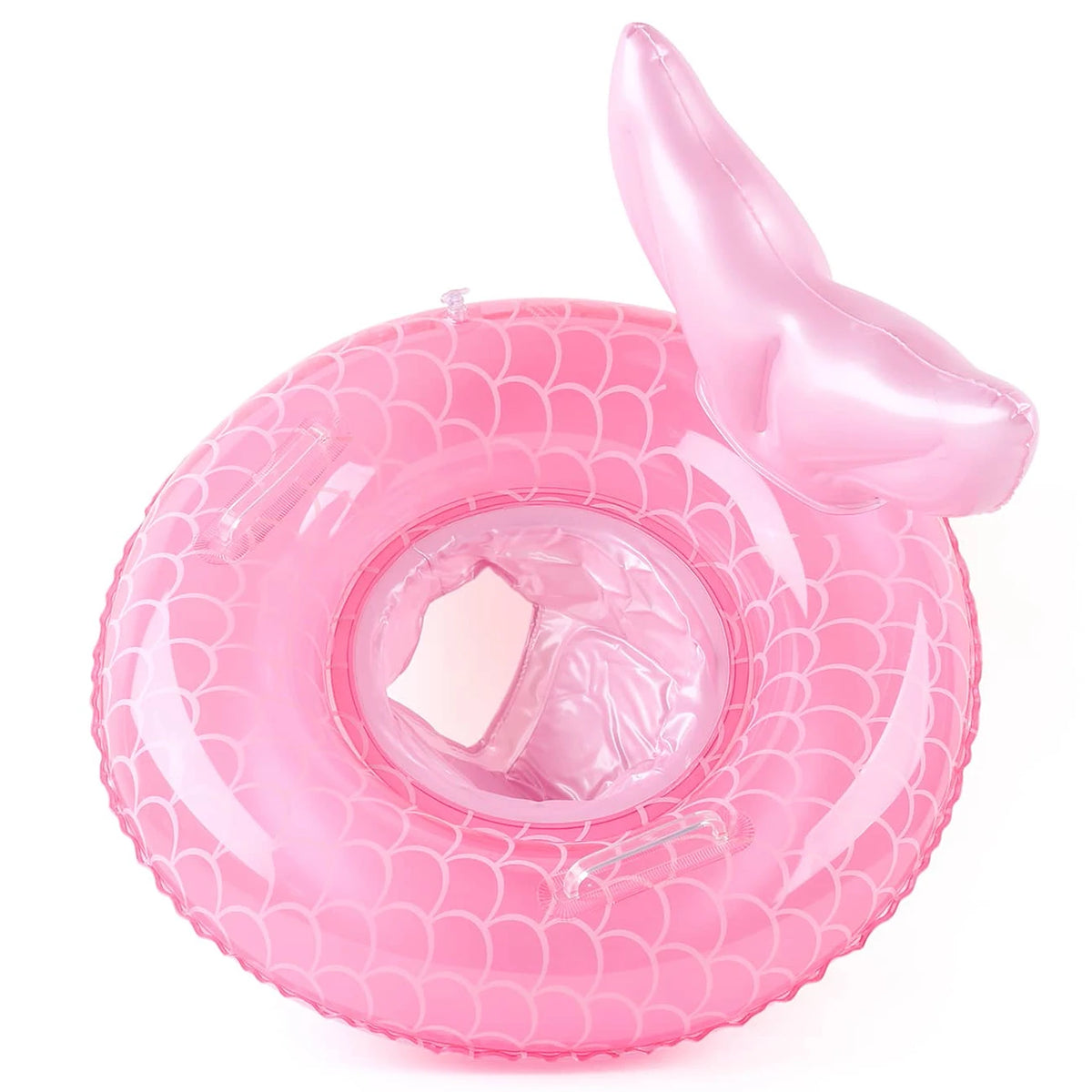 Pink inflatable swim ring with a duck-shaped float attached