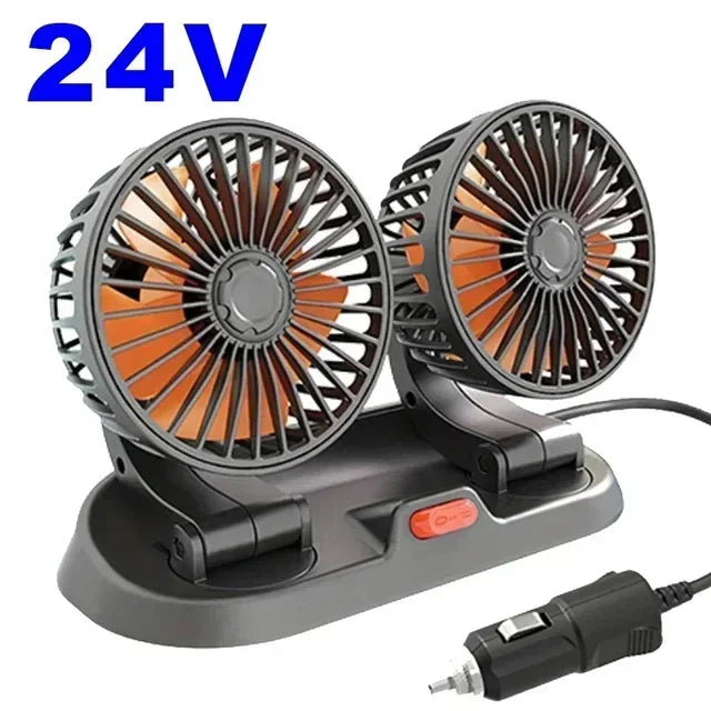 A black 24V dual-head car cooling fan with an integrated aromatherapy diffuser and power cord.