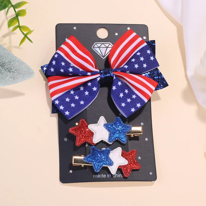 Patriotic Star Bow Hair Clips for Girls