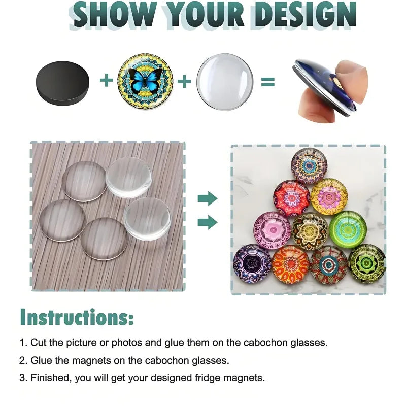 A DIY kit showing how to make designed fridge magnets by gluing magnets onto clear cabochon glass domes.