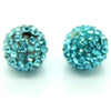 A pair of round, teal blue crystal clay beads for DIY jewelry and craft projects.