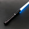 A black lightsaber with a blue laser blade is shown diagonally on a dark surface.