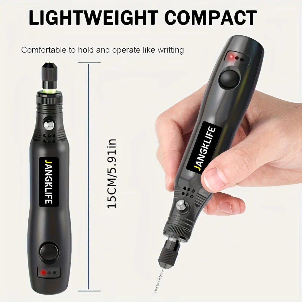 A hand holds a black JANGKLIFE lightweight compact rotary tool for writing or engraving.