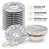 Stack of reusable aluminum foil bowl covers with features for elastic fit, food freshness, and kitchen use.