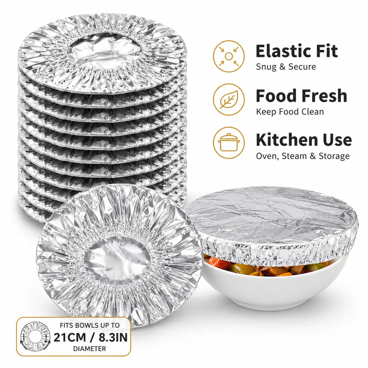 Stack of reusable aluminum foil bowl covers with features for elastic fit, food freshness, and kitchen use.
