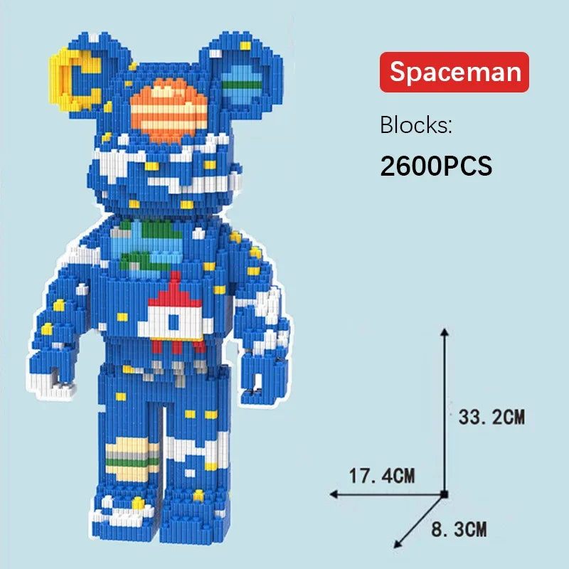 A blue Spaceman building block figure made of 2600 pieces with various colored accents.