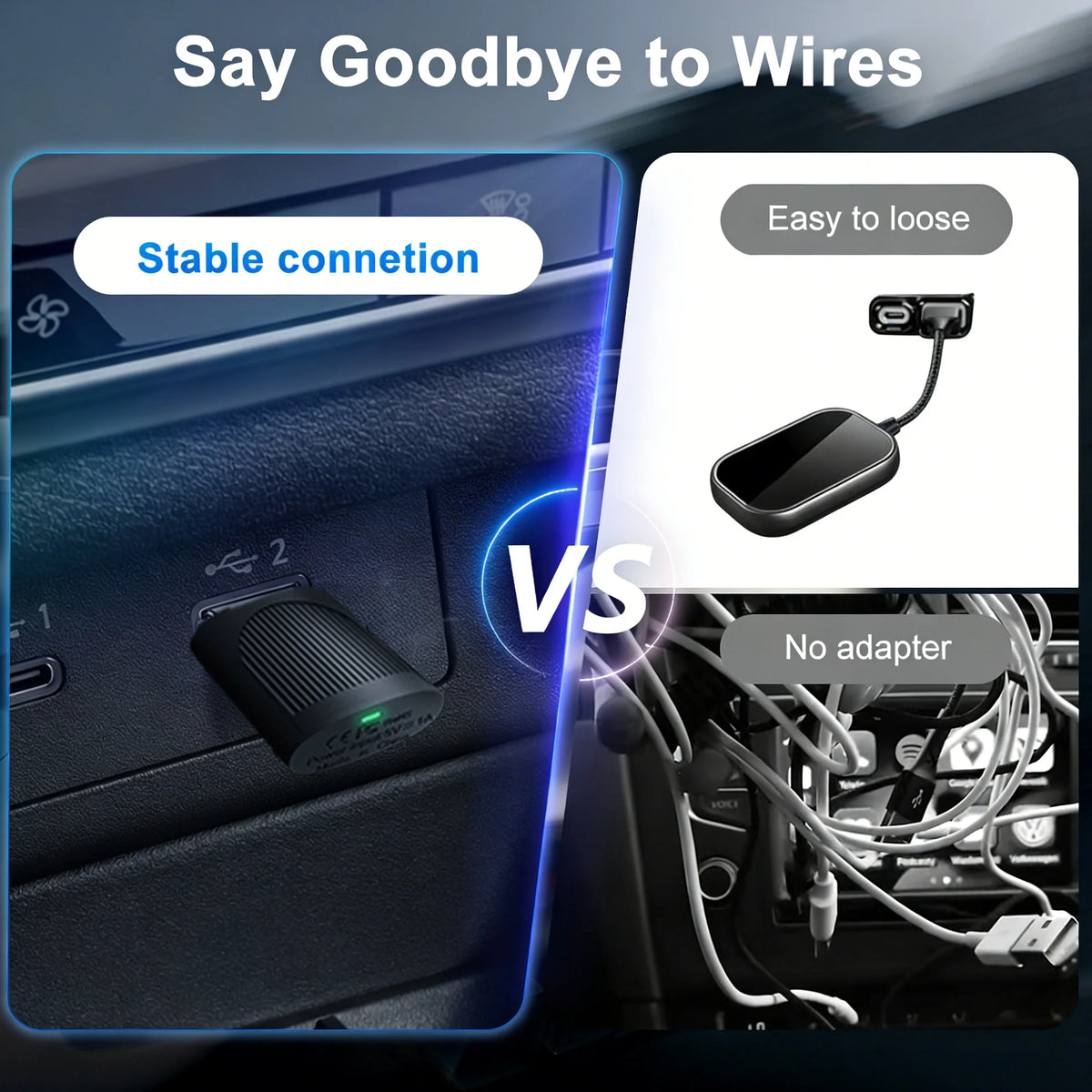 Adaptador inalámbrico para sistema de infoentretenimiento del coche, mostrando una conexión estable frente a una configuració
