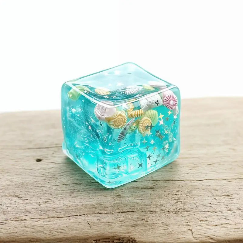 A clear blue ice cube shaped stress relief squeeze toy filled with glitter and sea creatures.